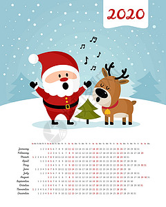 圣诞日历矢量日历 2020 年 星期从周日开始季节唱歌网格数字办公室商业规划师日记日程插图插画