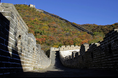 在中国长城的顶边岩石建筑远足人行道山脉王朝小路石头风景历史背景图片