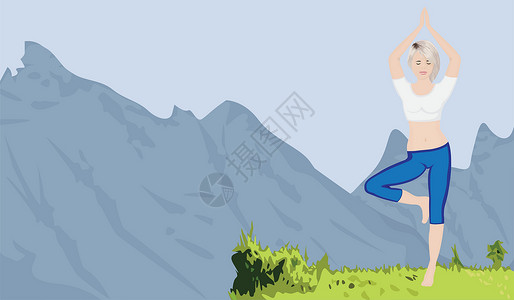 肉做的山山景背景和做瑜伽练习的女人环境全景旅游悬崖爬坡沉思姿势训练插图场景设计图片