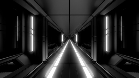 运动图干净的未来派科幻空间机库隧道走廊与热发光金属 3d 插图背景墙纸设计玻璃玻璃底运动铁水玻璃窗黑与白白色辉光房间艺术背景