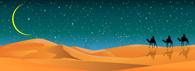 大篷车沙漠中的骆驼旅行者插画