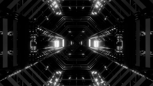 未来派科幻空间玻璃机库隧道走廊与线框 3d 插图背景 wallpape反射艺术黑与白白色反光墙纸黑色渲染运动背景图片