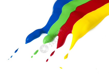 油漆涂在纸上 红绿蓝和黄色创造力印刷彩虹蓝色红色液体光谱宏观教育绘画背景图片