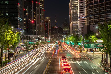 南韩首尔市夜间交通时间逾时路口景观铜雀地标城市旅行场景建筑学天际商业背景图片