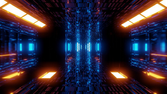 具有反光砖纹理和发光灯的时尚科幻隧道走廊 3D 插图背景墙纸3d蓝橙反射机库运动蓝色渲染辉光艺术背景图片