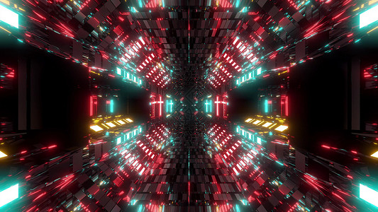 发光的未来派科幻隧道走廊与神圣发光的基督教十字符号 3d 插图背景壁纸反光运动艺术墙纸橙子红色渲染小说反射绿色背景图片