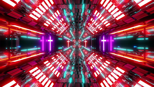 发光的未来派科幻隧道走廊与神圣发光的基督教十字符号 3d 插图背景壁纸反光红色墙纸紫色小说绿色渲染运动艺术反射背景图片