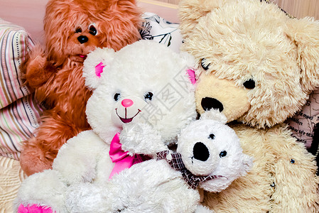 在混乱的情况下 亮亮的彩色软玩具礼物动物棕色玩具熊孩子童年白色房间毛皮背景