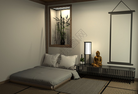 现代和平卧房 泽式卧室和日本装饰建筑学奢华房间窗户主义者极简竹子风格渲染沙发背景图片
