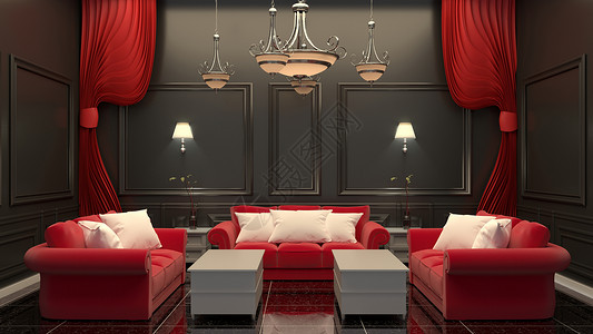 红黑色椅子黑色地板和黑华轮上的内室内红沙发背景