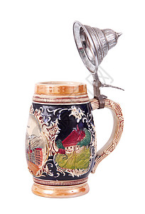 白色背景的原Tyroolean罐头水壶杯子工艺玻璃古董背景图片