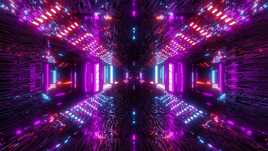 发光的科幻隧道走廊与抽象眼睛纹理 3d 插图壁纸背景玻璃窗小说反光运动艺术辉光反射紫色粉色蓝色背景图片