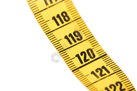 特写白色上隔离的黄色测量带  120裁缝带剪裁测量损失磁带水平尺寸饮食卷尺数字背景图片