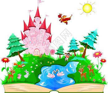 天鹅城堡有粉红色城堡和动物的书插画
