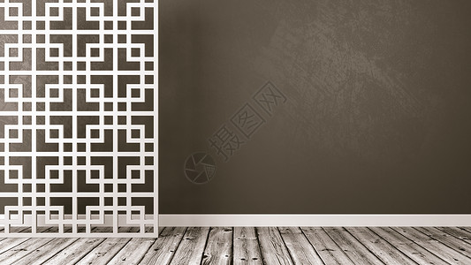 带 Copyspac 的空东方风格房间地面白色控制板木板灰色格子木头框架插图背景图片