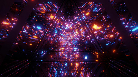 横道图抽象星系反射三角形玻璃隧道设计与飞行 glowiong 球体粒子 3d 插图壁纸背景墙纸蓝色渲染视觉运动艺术红色效果橙子艺术品背景