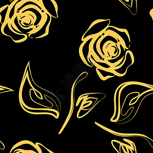 黄色玫瑰美丽的黄色和黑色无缝图案在玫瑰与轮廓 手绘轮廓线和笔画 完美的背景贺卡和婚礼生日情人节请柬艺术风格墙纸装饰品卡片插图纺织品时尚叶设计图片