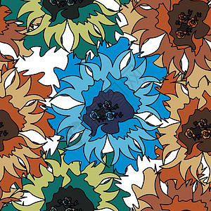 无缝矢量模式与抽象花 手绘花卉背景树叶纺织品墨水墙纸条纹装饰品蓝色瓷砖艺术织物背景图片