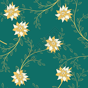 黄金芽茶叶无缝花卉图案艺术品繁荣植物蓝色花瓣素描草图花园花朵艺术设计图片