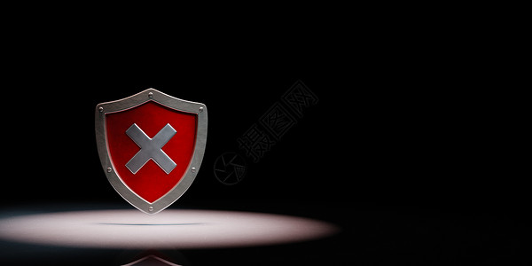 红色盾牌黑色背景上带有十字聚光灯的金属盾牌形状背景
