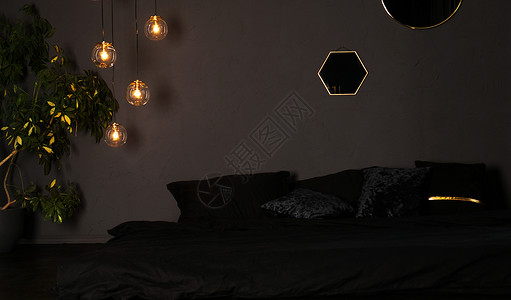 黑色卧室黑色时尚阁楼卧室 舒适的现代生活空间背景