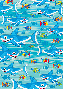 可爱的卡通鲨鱼模式游泳鱼纹海洋海洋生物卡通片背景图片