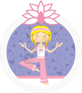 可爱的瑜伽女孩与蝴蝶卡通片沉思练习运动背景图片