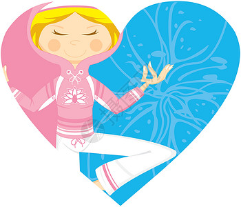 可爱的卡通心脏瑜伽女孩卡通片上衣练习沉思头发帽衫运动背景图片