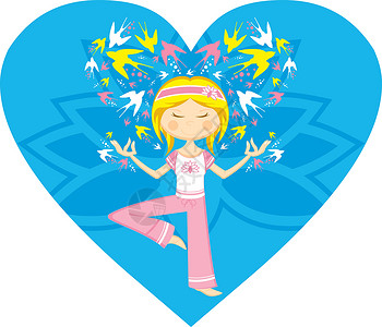 可爱的情人节心瑜伽女孩沉思练习运动翅膀卡通片燕子背景图片