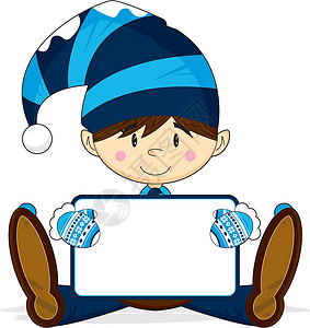 卡通圣诞精灵与 Sig手套羊毛卡通片插图帽子雪花背景图片