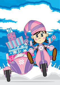 滑板车上的卡通圣诞精灵礼物手套卡通片摩托车雪花帽子插图背景图片