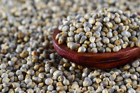 以木勺为珍珠米勒斯的壁炉种子芦苇维生素食物勺子坚果收成营养谷物矿物质背景图片