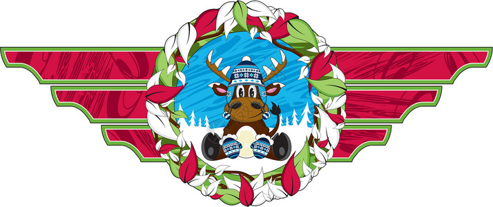 可爱的卡通圣诞驯鹿羊毛帽手套花圈鹿角插图背景图片