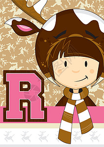 带鹿角女孩R代表驯鹿女孩奇装异服戏服动物字母卡通英语鹿角打扮语言卡通片设计图片