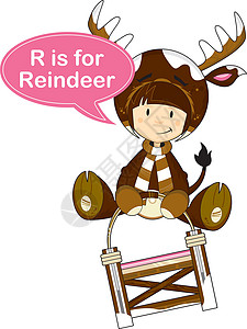 带鹿角女孩R代表驯鹿女孩雪橇乐趣插图奇装异服鹿角字母动物语言教育学习设计图片