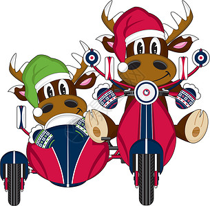 滑板车上可爱的圣诞老人驯鹿插图摩托车边车手套背景图片
