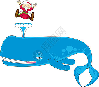 卡通约拿和鲸鱼插图圣经宗教海上生活乐趣蓝鲸背景图片