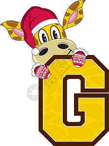 圣诞长颈鹿G代表长颈鹿学习意义插图卡通字母动物教育手套插画