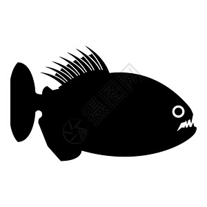 可怕食人鱼食人鱼愤怒的鱼图标黑色矢量插图平面样式图像插画