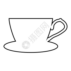 带茶托图标的茶杯轮廓黑色矢量插图平面样式图像背景图片