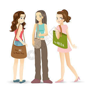 现代女孩拿着帆布袋购物女士产品帆布回收女性替代品塑料生态环境绿色插画