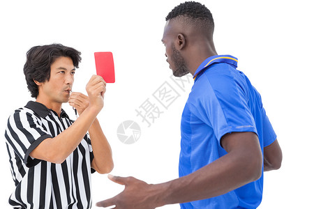向足球运动员出示红卡的被评人裁判犯规制服运动力量体育蓝色红牌球衣惩罚男人高清图片素材