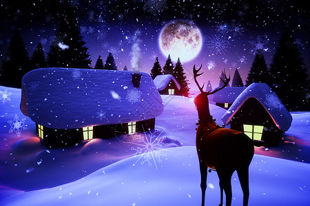 满月下雪覆盖的村庄主题背景背景图片
