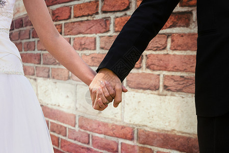 新婚夫妇在公园中手握手的中间区综合图象裙子双手庆典婚礼联盟新娘婚姻新人婚纱幸福夫妻高清图片素材