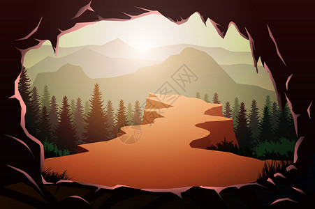 太阳森林天然松林山地平线中的洞穴入口景观壁纸日出和日落插画矢量风格阳光五颜六色的景色背景插画