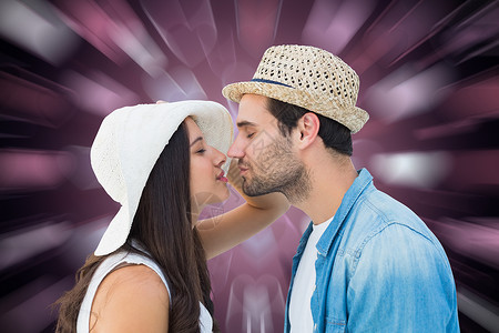 快乐的时装情侣即将接吻的复合形象计算机混血女士毡帽绘图情人胡子潮人头发长发棕色的头发高清图片素材
