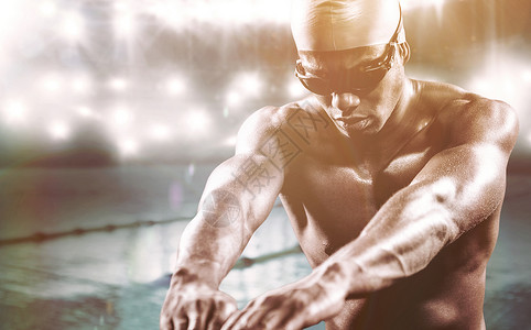 游泳运动员的复合图像准备下潜泳镜闲暇潜水训练活动男人游泳池泳帽眼镜能力力量高清图片素材