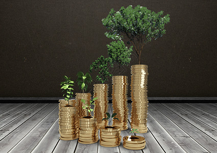 金色绿色金币图形币和树木金属灰色植物图形经济空白广告金色复合数字背景