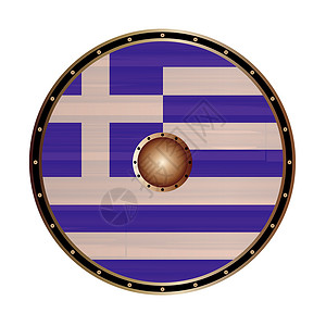 带有希腊 Fla 的圆形维京风格盾牌艺术横幅木头艺术品旗帜绘画插图颗粒状背景图片
