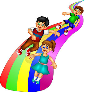 三个孩子在彩色彩虹滑梯卡通片上滑行插画